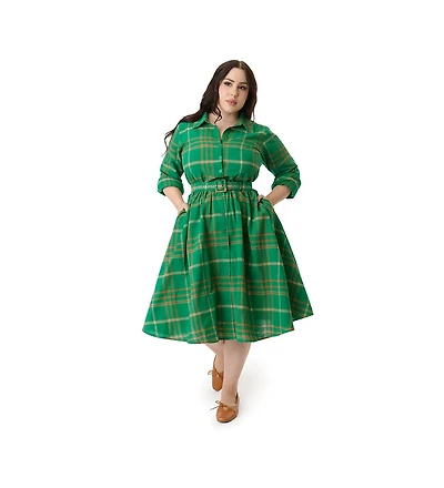 Unique Vintage Plus Long Sleeve Belted Shirt Dress