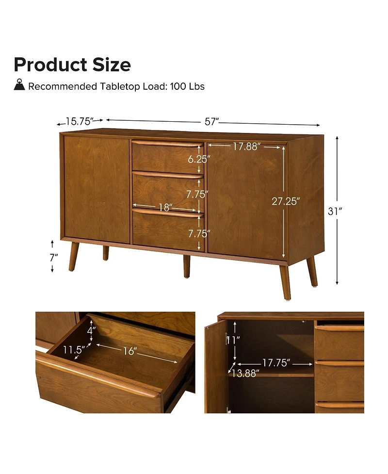MId-century Modern Victor 57"Wide 3 Drawer Sideboard