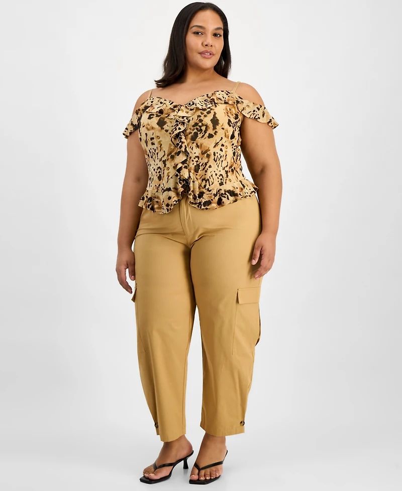 Bar Iii Trendy Plus Printed Cold-Shoulder Ruffled Top, Macy's Exclusive