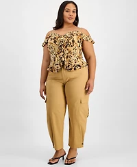 Bar Iii Trendy Plus Printed Cold-Shoulder Ruffled Top, Macy's Exclusive