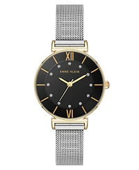 Anne Klein Women's Quartz Premium Round Silver-Tone Stainless Steel Mesh and Black Dial Watch, 29mm
