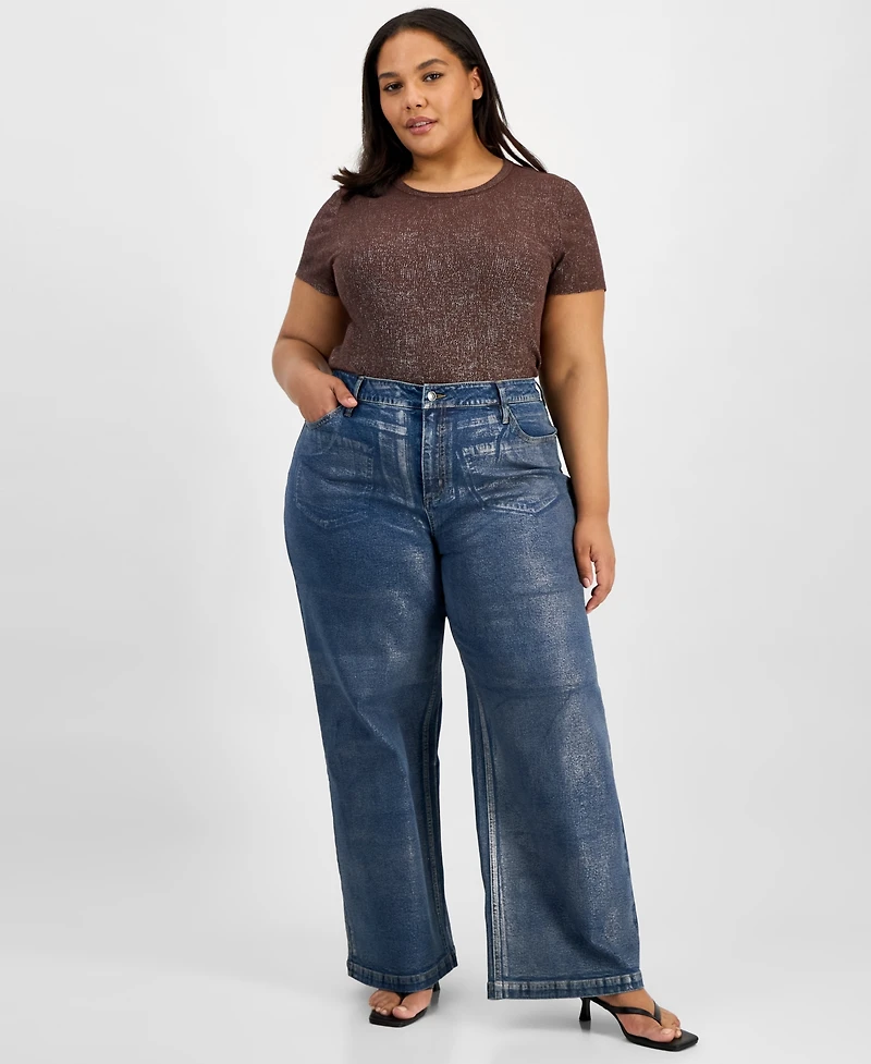 Bar Iii Trendy Plus Metallic High-Rise Wide-Leg Jeans, Macy's Exclusive