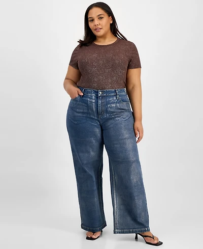 Bar Iii Trendy Plus Metallic High-Rise Wide-Leg Jeans, Macy's Exclusive