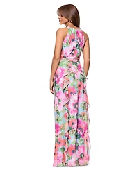 Xscape Women's Floral Chiffon Ruffled Tiered Halter Gown