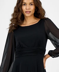 Connected Petite Shirred-Waist Sheer-Sleeve Midi Dress