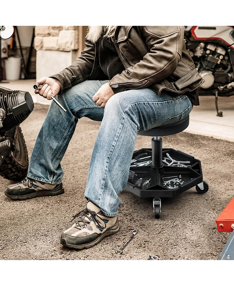 Heavy-Duty Adjustable Height Rolling Stool with Tool Tray Storage 330 Lbs Capacity
