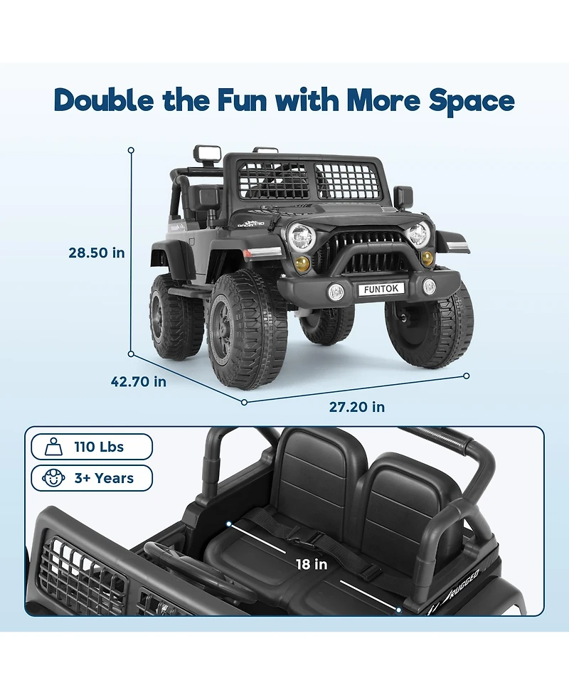 Funtok 12V 7AH 2-Seater Black Ride-On Car for Kids with Remote Control, Electric Truck with Music, Led Lights & Safety Features, Ages 3-8 years