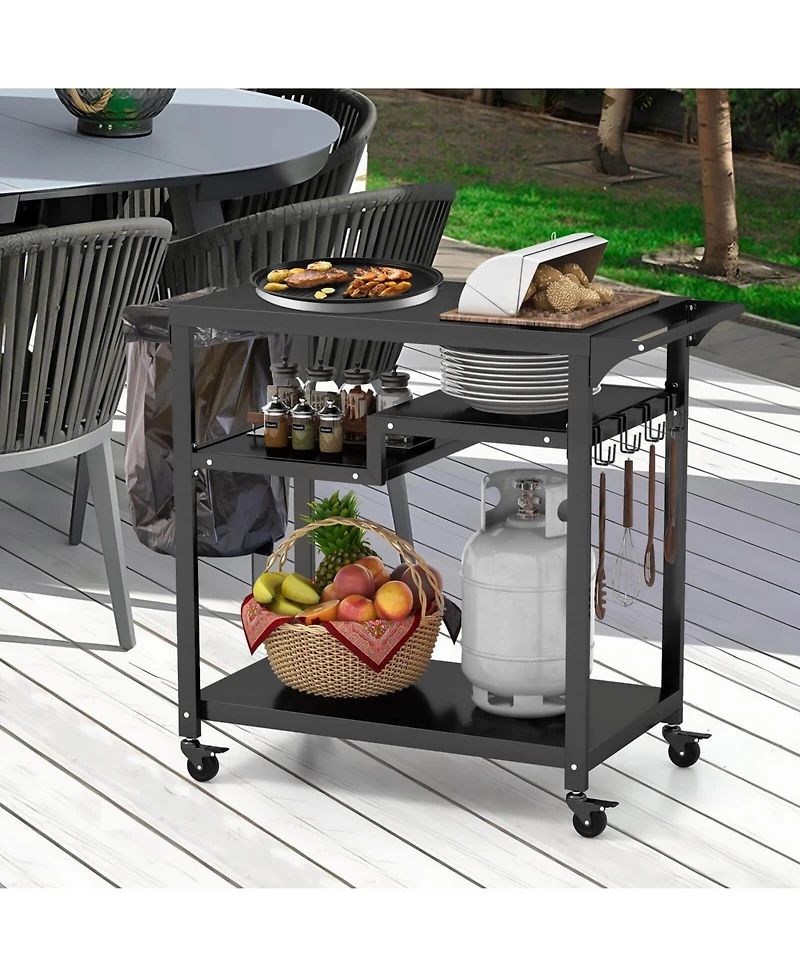 Rolling Grill Cart 3-Shelf Bbq Cart with Hooks and Side Handle