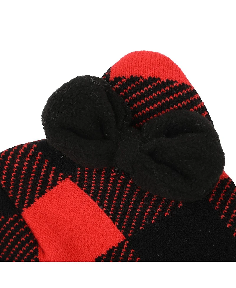 Hello Kitty Head Shape Red Plaid Cuff Beanie With Fleece Bow