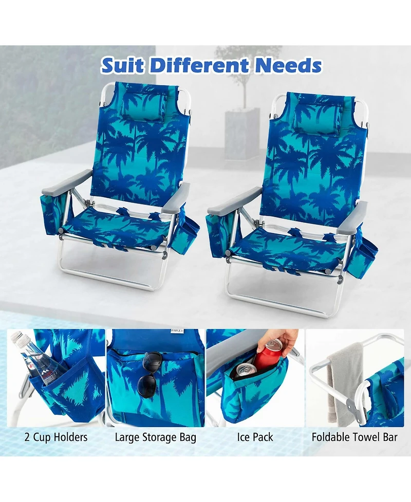Costway 2-Pack Folding Backpack Beach Chair 5-Position Outdoor Reclining Chairs with Pillow