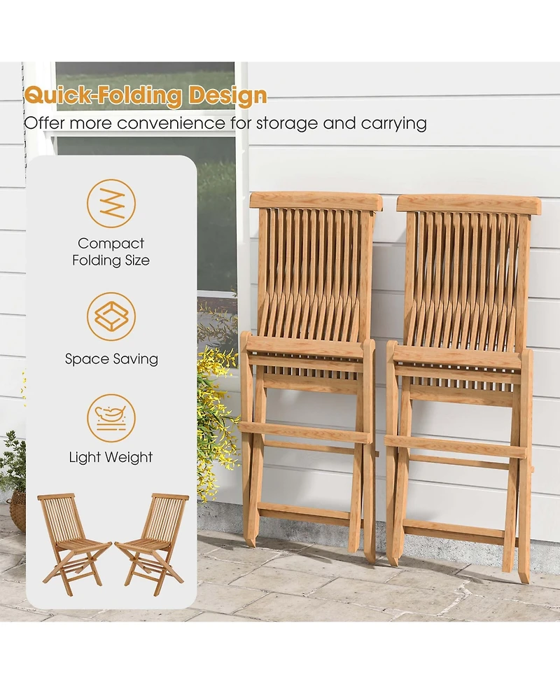2 Pcs Patio Folding Chair Teak High Back Dining Slatted Seat Portable Outdoor