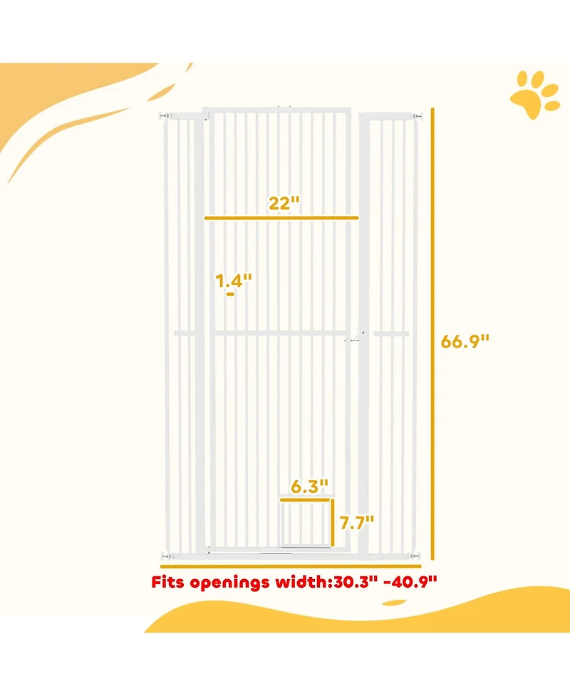 PawHut 67" Extra Tall Pet Gate, 30"-41" Dog Gate with Cat Door,