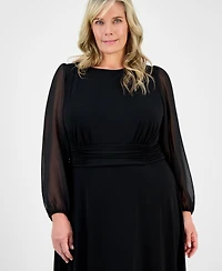 Connected Plus Shirred-Waist Sheer-Sleeve Midi Dress