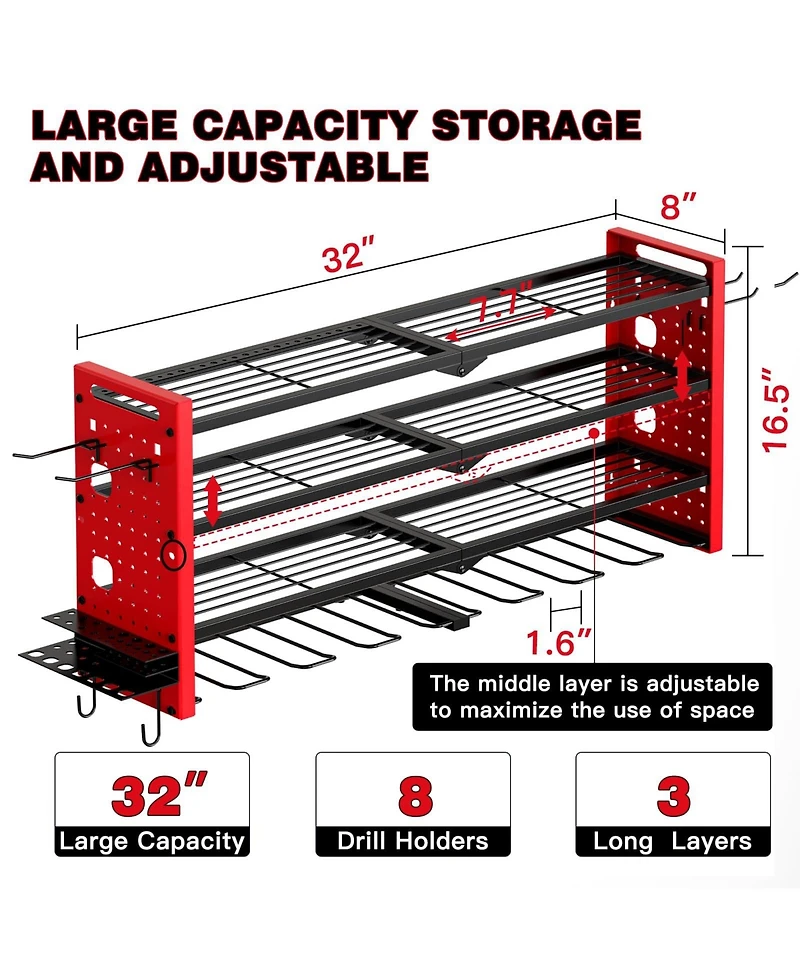 Hausource 4 Tier Power Tool Organizer Shelving Wall Mount Utility Storage Rack，Red