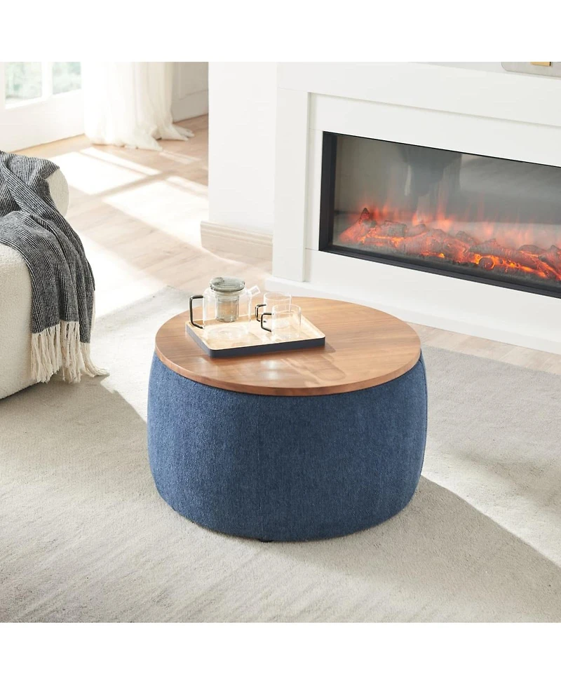 Round Upholstered Storage Ottoman with Removable Top for Use as Coffee Table or Footstool Handmade Accent Living Room Bedroom-The Pop Home