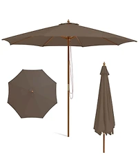 Gymax 10FT Wooden Market Table Umbrella Pulley Sunshade Canopy w/8 Bamboo Ribs