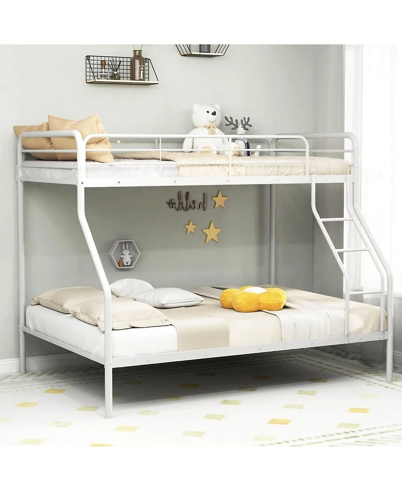 Twin over Full Metal Bunk Bed with Inclined Ladder Safety Guardrail, Slat Support