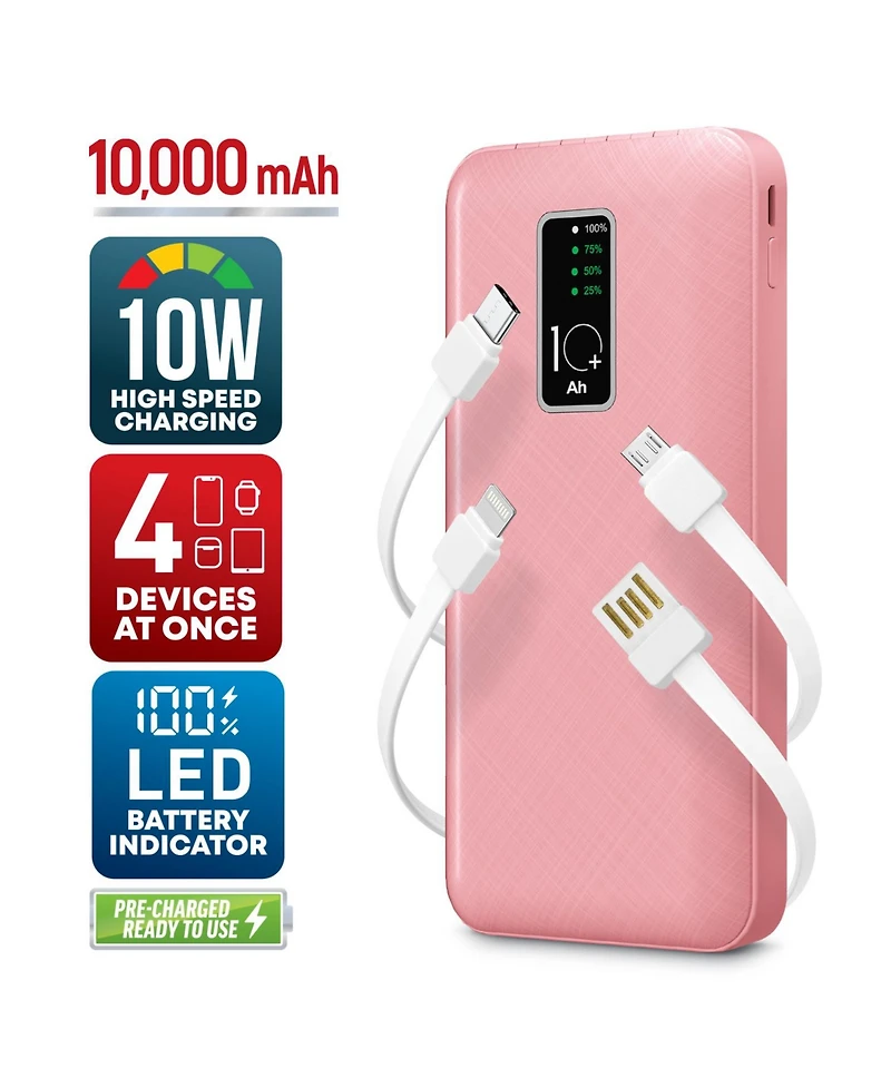 GabbaGoods 10,000mAh Rapid Charging Power Bank with Lcd Battery Display, 4 Built-In Cables, and Phone Stand