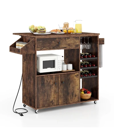 Drop Leaf Mobile Kitchen Island Cart with Power Outlet and Adjustable Shelf