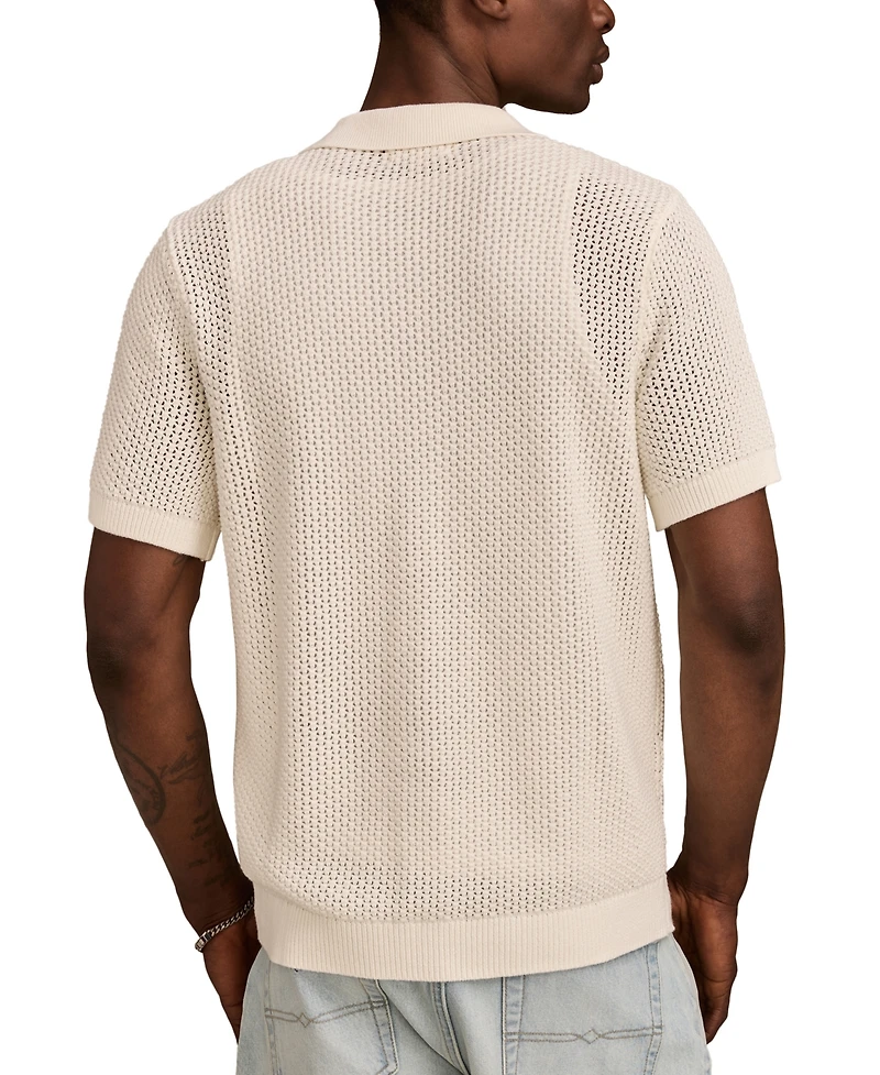 Lucky Brand Men's Short Sleeve Pointelle Open Collar Polo Shirt