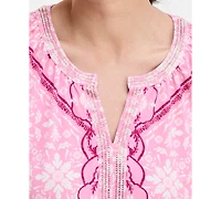 Jm Collection Women's Printed Chiffon Sleeve Rhinestone Split-Neck Top, Exclusively at Macy's