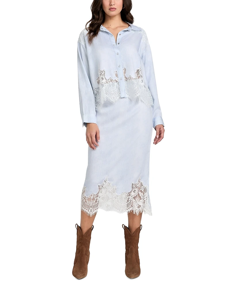 Guess Women's Evie Lace-Trim Chambray Shirt