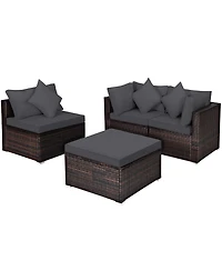 Gymax 4PCS Rattan Patio Conversation Furniture Set Yard Outdoor w/ Grey Cushion