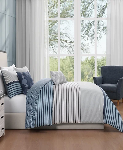 Bebejan Blue Geo Lines Bedding 100% Cotton Sateen 5 Piece Queen Size Reversible Comforter Set