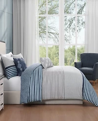 Bebejan Blue Geo Lines Bedding 100% Cotton Sateen 5 Piece Queen Size Reversible Comforter Set