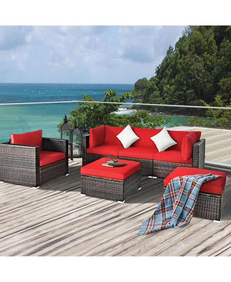 Gymax 6PCS Patio Conversation Set Rattan Sectional Furniture Set w/ Red Cushions