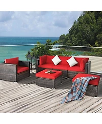 Gymax 6PCS Patio Conversation Set Rattan Sectional Furniture Set w/ Red Cushions