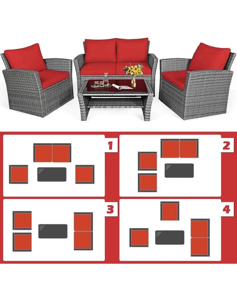 Gymax 4PCS Patio Rattan Conversation Set Outdoor Furniture Set w/ Red Cushions