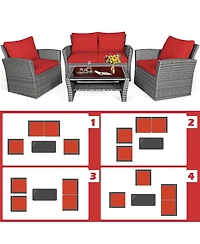 Gymax 4PCS Patio Rattan Conversation Set Outdoor Furniture Set w/ Red Cushions