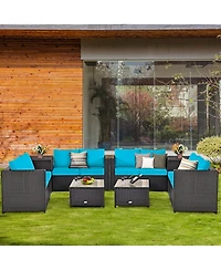 Gymax 8PCS Cushioned Rattan Patio Conversation Set w/ Side Table Turquoise Cushion