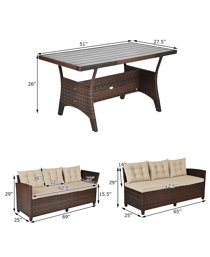 Gymax 3PCS Rattan Dining Sofa Set w/6 Cushioned Seats Patio Furniture