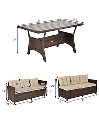 Gymax 3PCS Rattan Dining Sofa Set w/6 Cushioned Seats Patio Furniture