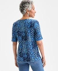 Style & Co Women's Printed Boat-Neck Elbow-Sleeve Top, Exclusively at Macy's