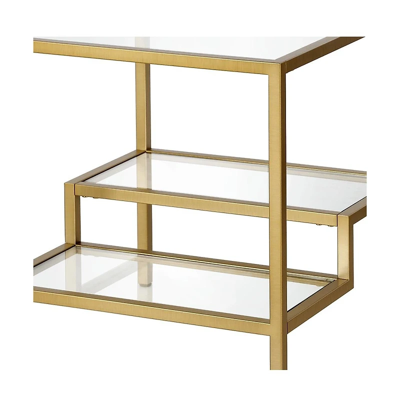 Modern 22" Square End Table – Brass Finish, Clear Glass, and Two Shelves