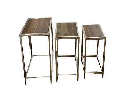Set of Three 21" Silver And Brown Solid Wood Nested Tables
