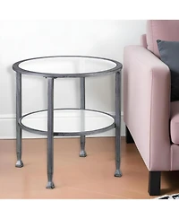 24" Silver And Clear Glass And Distressed Iron Round End Table With Shelf