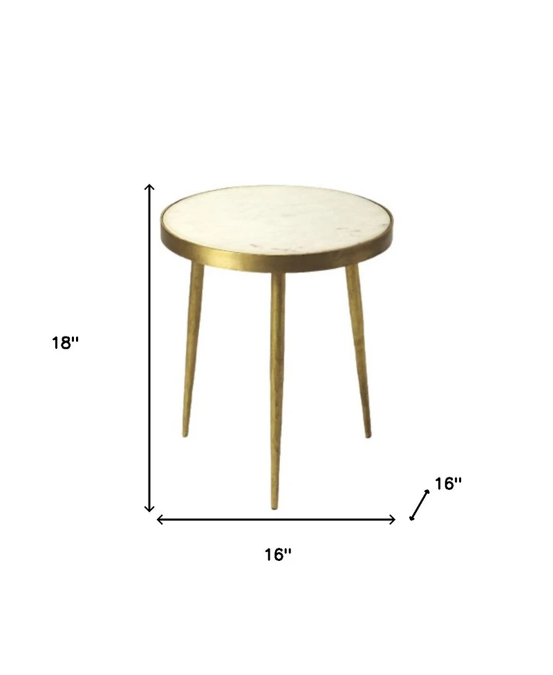 18" Gold And White Marble Round End Table