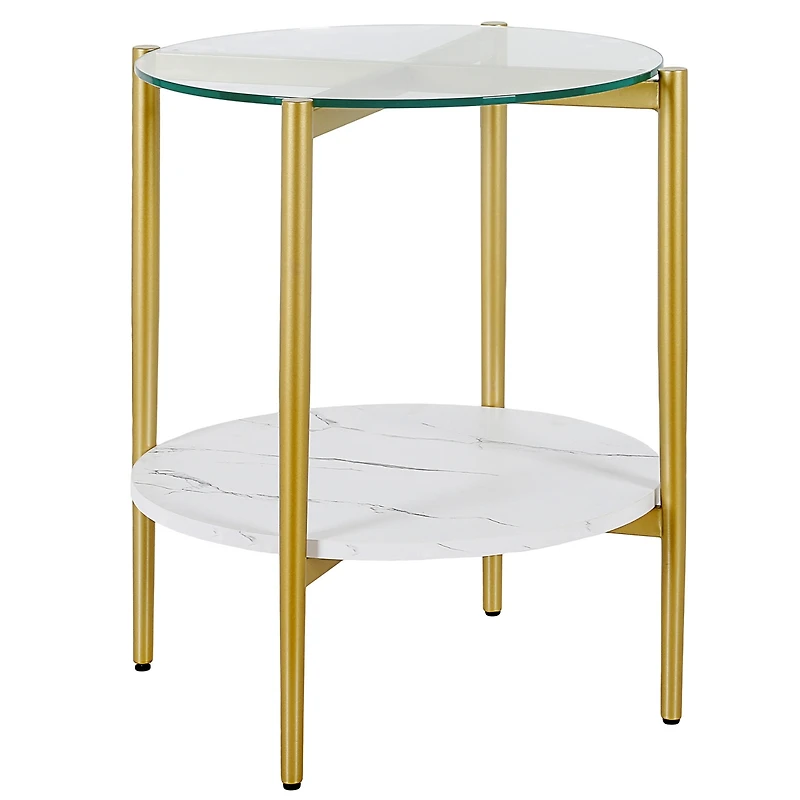 Sleek Glass and Steel Round End Table with Bottom Shelf – Perfect for Storage and Display