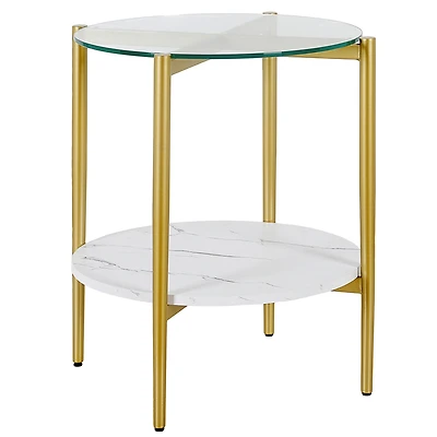 Sleek Glass and Steel Round End Table with Bottom Shelf – Perfect for Storage and Display