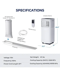 8000 Btu Portable Air Conditioner, 3-in-1 Ac Unit with Dehumidifier, Fan, and 24H Timer, Cools Rooms up to 230 Sq.Ft, Sleep Mode, Adjustable Exhaust