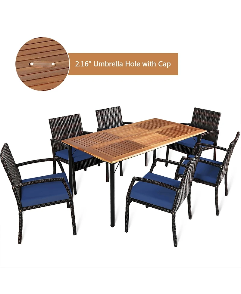 Gymax 7PCS Patio Dining Furniture Set Yard w/ Wooden Tabletop Navy Cushions