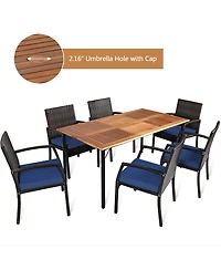 Gymax 7PCS Patio Dining Furniture Set Yard w/ Wooden Tabletop Navy Cushions