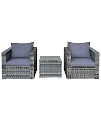 3 Pcs Patio Rattan Furniture Bistro Set Cushioned Sofa Chair Glass Table Garden
