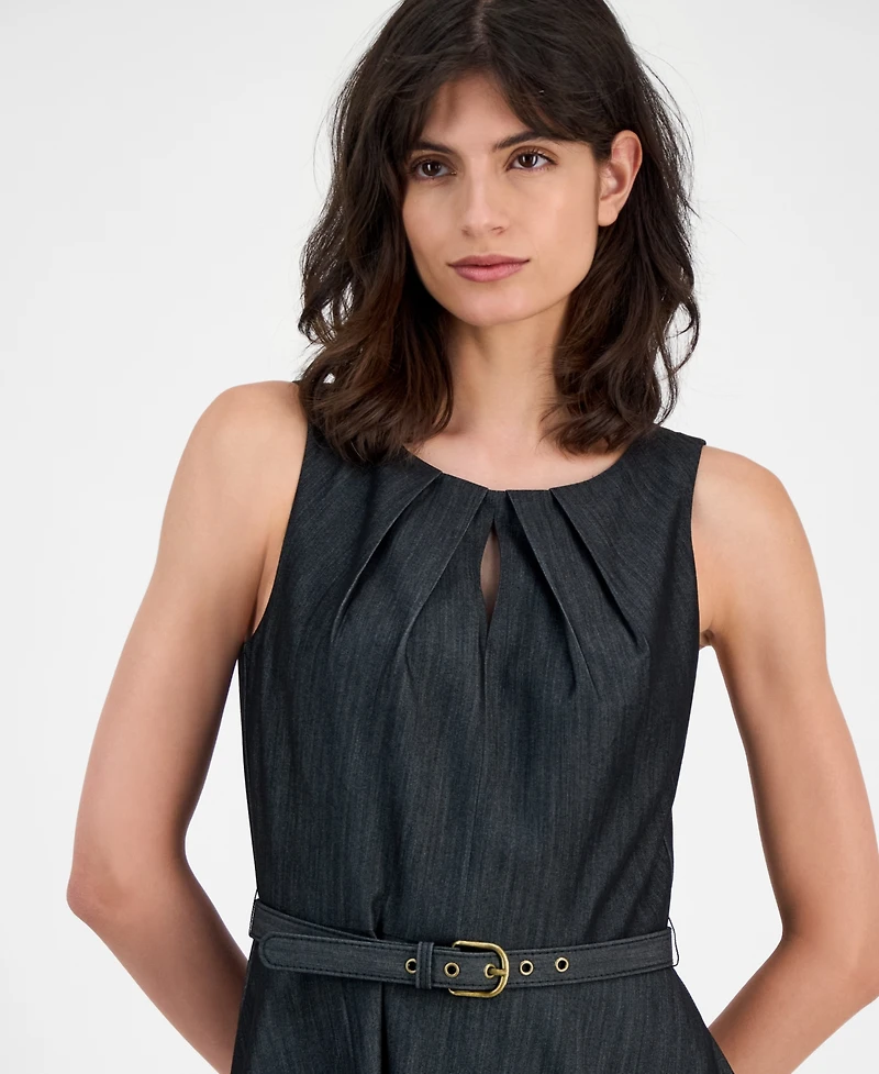 Tahari Asl Women's Belted Soft Denim Sleeveless Fit & Flare Dress