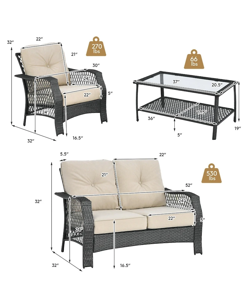 Gymax 4PCS Cushioned Patio Conversation Set Outdoor Rattan Furniture Set