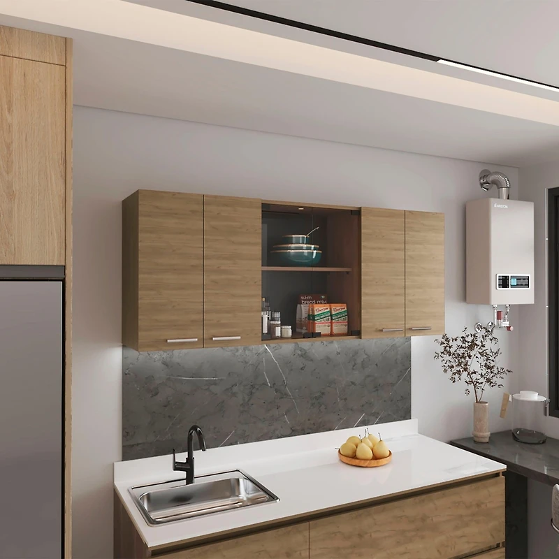 Oceana 150 Wall Cabinet with Four Doors, Two Internal Shelves, Internal Plate and Glass Organizer, Two Storage Shelves with Two Glass Doors, Natural O